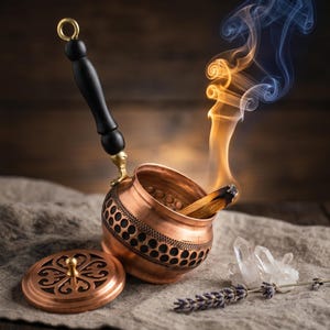 May include: A copper incense burner with a black handle and gold accents, emitting fragrant smoke. The burner is accompanied by a lid, crystals, and lavender sprigs, creating a serene and aromatic ambiance. The design features a decorative pattern.