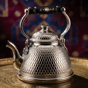 May include: A silver-colored teapot with a honeycomb pattern on the body and a black handle with decorative accents. The teapot has a curved spout and sits on a gold-colored tray. The background features a patterned textile.