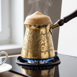 Könnte beinhalten: Eine Kaffeekanne aus Messing mit aufwendiger Blumen-Gravur und einem dunklen Holzgriff, die auf einem schwarzen Herd mit blauer Flamme steht. Die Kanne ist mit heißem Kaffee gefüllt, der mit einer dicken Schaumschicht bedeckt ist und Dampf abgibt.