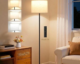 Lámpara de pie LED minimalista con mando a distancia - Lámpara de pie alta con pantalla cilíndrica de lino regulable - Lámpara de pie moderna para salón y dormitorio