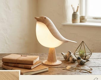 Lámpara de pájaro de roble claro / Luz nocturna LED torneada a mano, iluminación decorativa moderna de madera