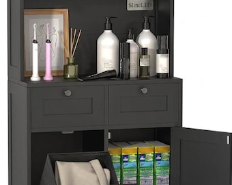 Schlanker Badezimmerschrank mit ausklappbarem Wäschekorb - großer dunkelgrauer Leinen-Organizer - mehrstöckiger Toilettenschrank & Mehrzweckschrank