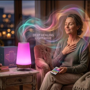 以下が含まれることがあります： 「Deep Healing Lightwave」の文字が入った、ピンクと木目調のエッセンシャルオイルディフューザー。女性が近くに座り、スマートフォンを持っています。ディフューザーはカラフルな光の波を発しています。