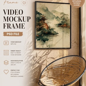 Puede incluir: Un marco rectangular negro que contiene una pintura de paisaje en acuarela de una pagoda cerca de un río y montañas. El texto dice Frame VIDEO MOCKUP FRAME PSD FILE, VIDEO MOCKUP MP4 FILE, SMART OBJECT EASY TO INSERT YOUR ARTWORK, HIGH RESOLUTION 3000 X 3750 PX 300 DPI.