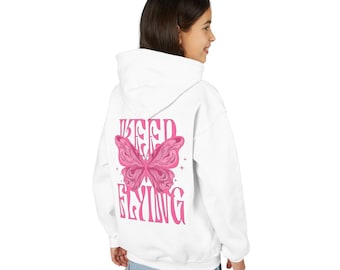 Kids Butterfly Graphic Hoodie | Youth "Keep Flying" Pullover Sweatshirt