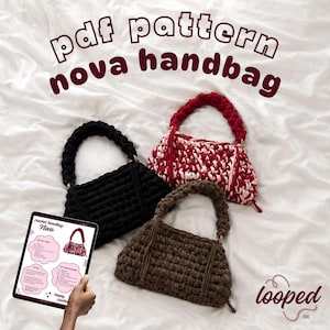 May include: Image of three crocheted handbags in black, red and white, and brown. The bags have a rectangular shape with a rounded handle. A tablet displays a crochet pattern for the handbags. The text "pdf pattern nova handbag" is at the top.