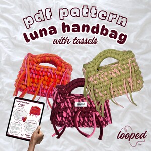 Crochet T-Shirt Yarn 'Luna' Bag with tassels - PDF Pattern, Step-by-step guide, Beginner Friendly!