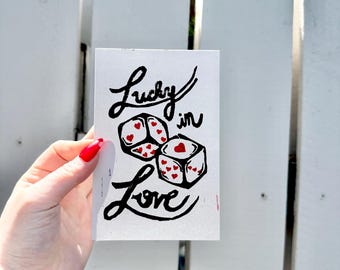 Lucky In Love Dice - Handmade Linocut Block Print