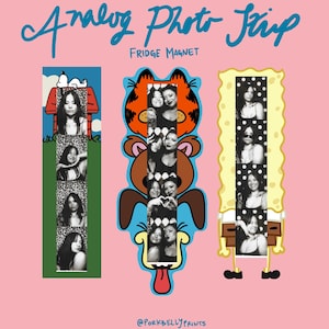 May include: Three vertical photo strip fridge magnets on a pink background. The left strip features a cartoon dog on a red house. The centre strip is framed by orange and brown cartoon characters. The right strip features a yellow sponge character.