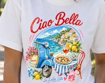 Ciao Bella PNG, Amalfiküste Shirt Design, Italienische Sommer Sublimation PNG, La Dolce Vita DTF Download, Italien Zitrone Küsten T-Shirt