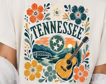 Tennessee PNG Sublimation, Boho Blumen Tennessee Design, Gitarren Berg DTF Download, Tennessee Flagge Clipart, Tennessee Zustand PNG Art