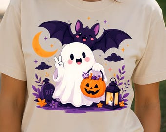 Halloween PNG Sublimation, Cute Ghost Shirt Design, Kawaii Halloween DTF Download, Ghost Bat Pumpkin Clipart, Spooky Season Kids Gift PNG