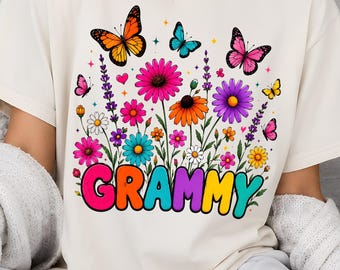 PNG-Sublimationsdruck „Oma“ mit Wildblumen-Schmetterling, Geschenkidee für Oma (DTF-Download), Blumen-Clipart für Oma, PNG-Kunstdruck „Oma“