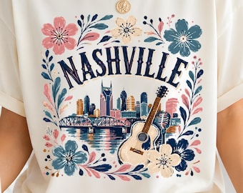 Nashville Floral Skyline Shirt, Countrymusik Stadt T-Shirt, Gitarre Stadtbild T-Shirt, Nashville Tennessee Geschenk, Boho Blumen Nashville Top