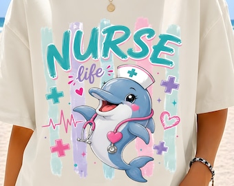 Nurse PNG Sublimation, Cute Dolphin Nurse Shirt Design, Nurse Life DTF Download, Kawaii Dolphin Stethoscope Clipart, Funny Nurse PNG Art