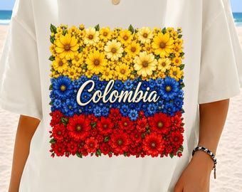 Floral Colombia Flag PNG, Sublimation Design, Colombiana Pride Shirt (Digital Download)