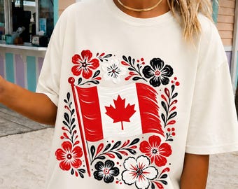 Canada PNG Sublimation, Folk Art Canada Flag Shirt Design, Canada Day DTF Download, Painted Floral Maple Leaf Clipart, Canadian Pride