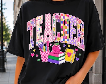 Lehrer PNG Sublimation, Patchwork Lehrer Bogen Design, Floral Checker Lehrer DTF Download, Schulzubehör Clipart, Süßer Lehrer PNG
