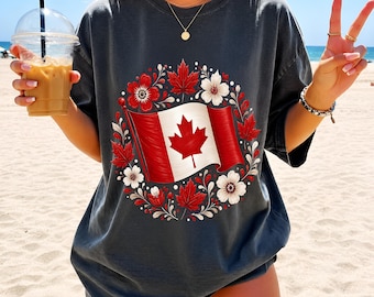 Canada PNG, Canada Day Shirt Sublimation, Canadian Flag DTF Download, Floral Maple Leaf Tee PNG, Canada Pride Folk Design