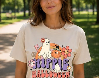 Hippie-Halloween-PNG-Sublimationsdesign, Retro-70er-Jahre-Groovy-Geist-DTF-Digital-Download, süßes Boho-Regenbogen-Gänseblümchen-Kürbis-Shirt-Design