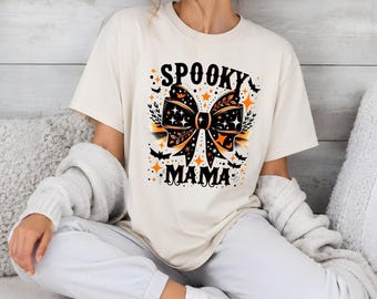 Gruselige Mama PNG-Sublimationsdesign, Halloween-Schleife (DTF-Download), Trendiges Retro-Shirt-Design mit schwarzer und oranger Fledermaus-Mama