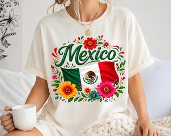 Mexico PNG Sublimation, Floral Mexico Flag Shirt Design, Mexican Pride DTF, Mexico Flower Clipart Download, Mexicana Heritage Gift PNG