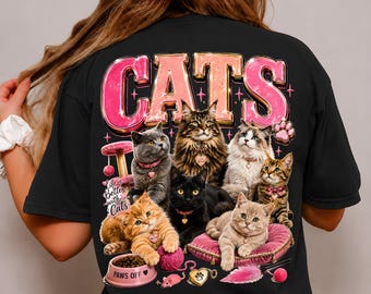 Katzen PNG-Design, Vintage-Bootleg-Katze-T-Shirt-Download, Katzenmama-Liebhaber-Shirt PNG, Das Leben ist besser mit Katzen DTF Clipart druckbare Stil der 90er Jahre