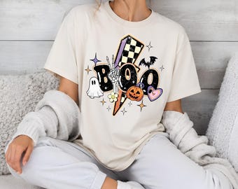 Boo PNG-Sublimationsdesign, Retro-Halloween-Blitz-DTF-Digital-Download, Skeletthand-Geist-Kürbis-Shirt-Design