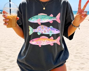 Fish PNG Sublimation, Watercolor Fish Shirt Design, Coastal Fishing DTF Download, Pastel Trout Clipart, Preppy Beach Fish Lover Gift PNG