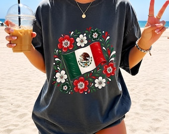 Mexican Flag Floral Shirt, Folk Art Heritage Tee, Viva Mexico Flag Wildflower, Comfort Colors