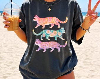 Watercolor Cat Shirt Design, Boho Pastel Cat Lover Clipart, Beach Lover Gift PNG