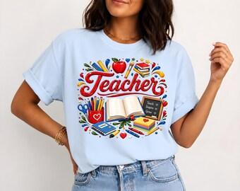 Teacher PNG Sublimation, Teach Inspire Grow Shirt Design, Cute Teacher DTF Download, Teacher Apple Books Clipart, Back to School Gift PNG