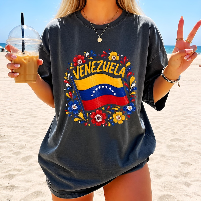 Venezuela PNG Sublimation, Floral Venezuela Flag Shirt Design, Venezuelan Pride DTF Download, Venezuela Folk Flower Clipart, Venezolana Gift image 1