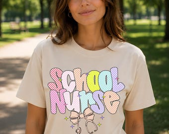 Schulschwester-Sublimationsdesign (PNG), pastellfarbene, karierte Buchstaben (DTF-Download), T-Shirt-Design mit Stethoskop und Schleife