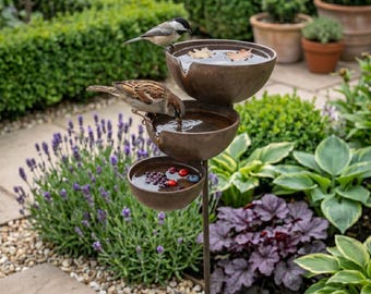 Bebedouro de pássaros em vários níveis | Alimentador de pássaros independente | Coletor de água da chuva rústico | Decoração de jardim em estilo campestre