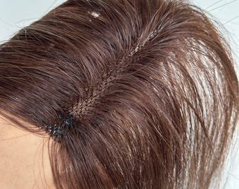 10" Dark Brown Human Hair Topper with Wispy Bangs, 3x11cm Slim Lace Base