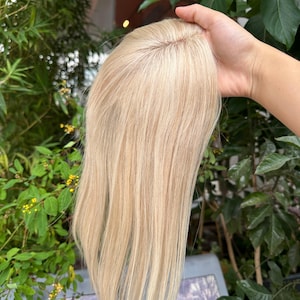 12" Echthaar-Topper, 4,3 x 4,7 cm, hellaschblond, mit Highlights, Spitzen-Topteil