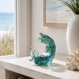 Handmade Glass Ocean Wave Sculpture, Blue Sea Wave Decor, Coastal Home Decor, Ocean Lover Gift, Beach House Decoration, Unique Glass Art