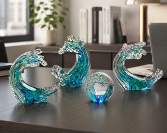 Escultura de olas marinas de vidrio hecha a mano, decoración de olas marinas azules, decoración costera para el hogar, regalo para amantes del océano, decoración para casas de playa, regalos de Navidad