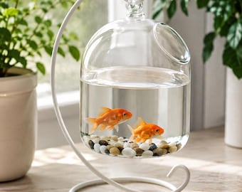 Hanging Glass Fish Bowl with Metal Stand, Mini Desktop Aquarium, Glass Terrarium Vase, Modern Home Decor Gift