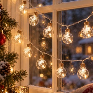 May include: A string of clear globe-shaped light bulbs hanging in front of a window. Each bulb contains a small white snowflake design and emits a warm yellow glow. The lights are connected by a thin, transparent wire, creating a festive display.