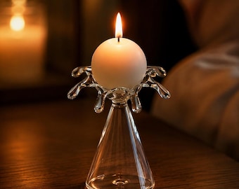 Handgjord ljusstake i glas, ljusstake i klart glas med blommor, romantisk bordsdekoration, bröllopsdekoration, inflyttningspresent, årsdagspresent
