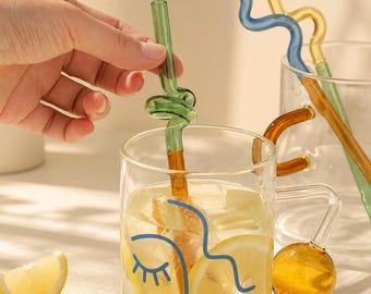 Colorful Reusable Glass Straws, Bent Glass Drinking Straw, Cute Wavy Straw for Iced Coffee, Smoothies, Cocktails, Barware Gift