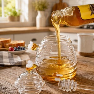 Glass Honey Jar with Dipper, Beehive Honey Pot with Bee Decor, Cute Kitchen Storage Jar, Honey Lover Gift, Cottage Kitchen Decor