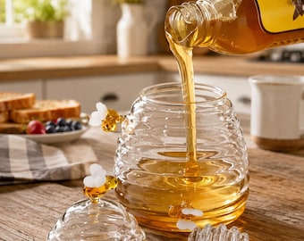 Glass Honey Jar with Dipper, Beehive Honey Pot with Bee Decor, Cute Kitchen Storage Jar, Honey Lover Gift, Cottage Kitchen Decor