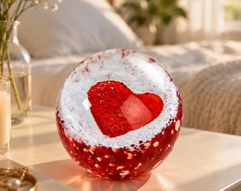 Handmade Glass Heart Sphere, Red Heart Crystal Ball, Romantic Glass Paperweight, Love Decor, Anniversary Gift, Valentine Gift