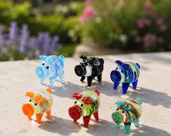 Figura de cerdo de cristal hecha a mano, mini adorno de cerdo de cristal soplado, linda decoración de animales de granja, pequeña escultura de animal de cristal, regalo para amantes de los cerdos