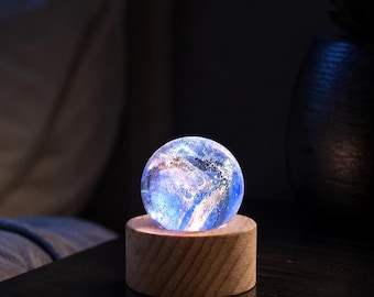 Handmade Glass Orb Night Light, Glowing Crystal Ball Decor, Colorful Galaxy Glass Sphere with Wooden Base, Christmas gifts