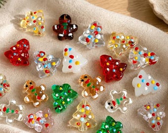 Christmas Glass Beads, Gingerbread Man & Christmas Tree Beads, Lampwork Beads for Bracelet Jewelry Making, DIY Holiday Craft Gift
