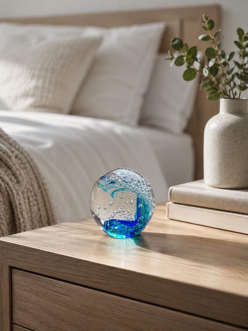 Puede incluir: Un pisapapeles esf&eacute;rico de cristal con un exterior transparente y un remolino interno de vidrio azul profundo y turquesa, acentuado por numerosas peque&ntilde;as burbujas de aire suspendidas en el centro de la esfera para crear un efecto de ola.